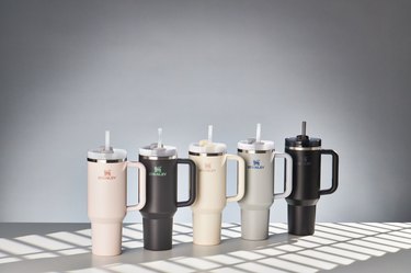 A row of five neutral colored Stanley 40oz Quencher Tumblers rest on a gray surface with a gray wall behind it.  The color of the tumblers are as follows: Rose Quartz, Charcoal, Cream, Fog, and Black.