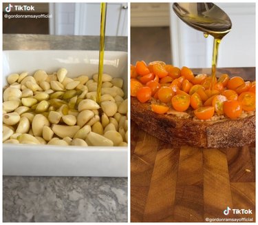 On the left are cloves of garlic in a white baking dish being covered with olive oil. On the right is a piece of toast on a wooden surface with garlic confit and cherry tomatoes being drizzled with olive oil.