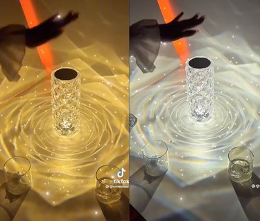 Split screen image of a sparkly table lamp lit in gold on the left and the same lamp light in white on the right