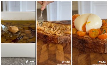 On the left is a fork holding up a tender piece of garlic over the baking dish of garlic and olive oil. In the middle is a fork mashing garlic on a slice of toast. On the right is a close up of garlic tomato toast topped with a soft boiled egg.
