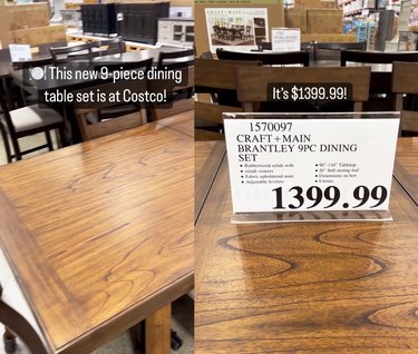 Split screen image of one half of a dining room table on the left and the price tag of the table on the right
