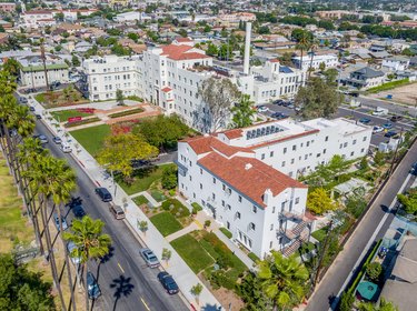 overhead shot of a group of buildings