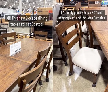 Split screen image of one half of a dining room set on the left and a dining room chair on the right