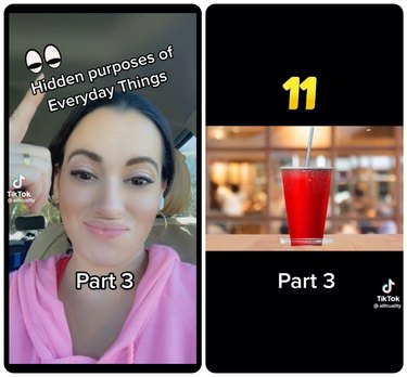 A collage, showing TikTok creator @alltruality on the left. They are wearing a pink hoodie, and they have brown hair and brown eyes with gold hoops in their ears. They are pointing to text reading, "Hidden purposes of Everyday Things". On the right is an image of  a red to-go cup, resting on the lid of the cup, using it as a coaster.