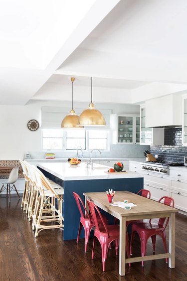 navy, tan, and red kitchen