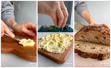 On the left is a woman spreading butter on a wooden board. In the middle is a woman sprinkling sea salt over butter spread on a wooden board. On the right is a woman slicing brown bread on a countertop.