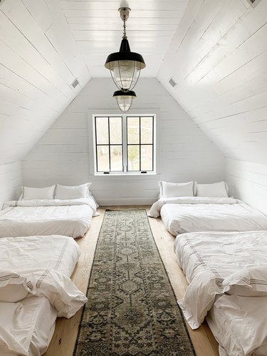 white painted farmhouse bedroom shiplap ceiling
