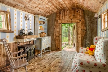 rustic one-room cabin interior
