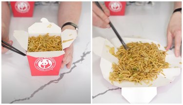 On the left are hands holding a Panda Express takeout container full of lo mein. On the right are hands flattening the takeout container to make a plate for the lo mein.