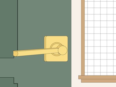 An illustration of a yellow door handle one a green door next to a window with light brown trim and a gray screen.