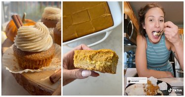 A three-pane image of pumpkin cupcakes with brown butter cream cheese frosting, pumpkin cheesecake bars, and a person eating pumpkin cream cheese dump cake.
