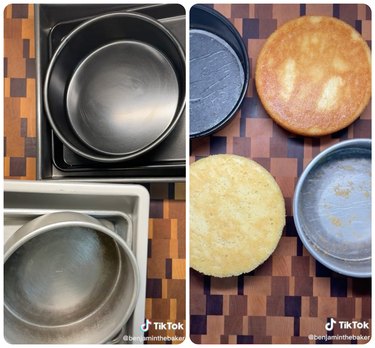 Baking cake in a dark pan