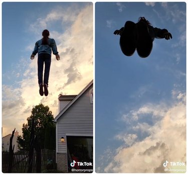 girl levitating over a driveway, caption "max!"