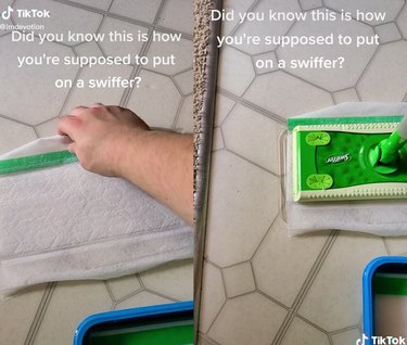 Split screen image of a hand putting down a Swiffer pad on the left and a Swiffer placed on top of the pad to the right