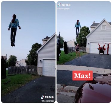 girl levitating over a driveway, caption "max!"