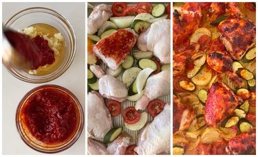 On the left is a hand mixing together a honey and harissa sauce in a clear bowl. In the middle is a sheet pan of raw chicken, zucchini, garlic, onion, and tomato. On the right is cooked honey harissa chicken on a sheet pan with other vegetables.