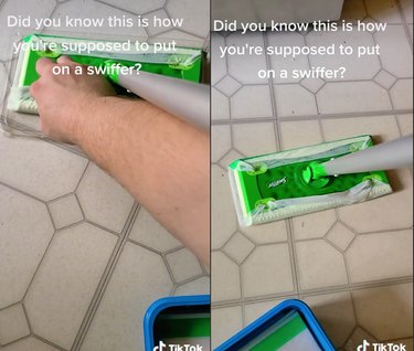 Split screen image of a hand attaching a pad to a Swiffer on the left and a view of the Swiffer cleaning a floor to the right