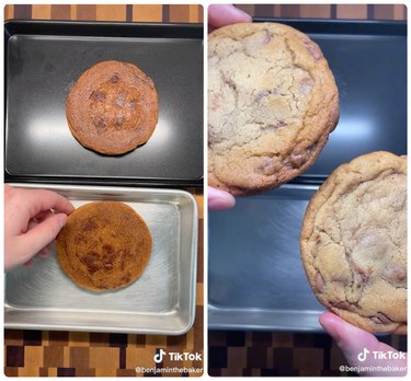 dark and light pans with chocolate chip cookies