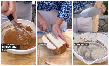 On the left is a hand whisking french toast batter. In the middle are hands slicing Texas toast into thirds. On the right is a hand using tongs to dip the bread into the french toast batter.