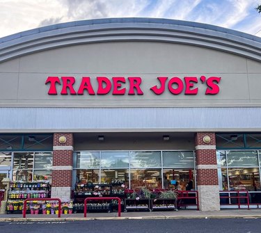 The storefront of a Trader Joe's. Flowers and plants line the front of the store, in front of large windows. There's an arched roof, with the Trader Joe's sign in red, with a bit of sky peeking through at the top of the photo.
