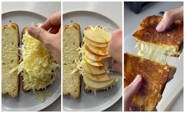 On the left is a hand sprinkling shredded cheese on a slice of challah bread on a white plate. In the middle is a hand drizzling honey over apples and shredded cheese on challah bread. On the right is hands pulling apart two halves of challah grilled cheese.