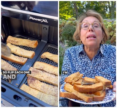On the left is french toast sticks lined in an air fryer. On the right is a woman in a floral blue top holding a plate of french toast sticks.
