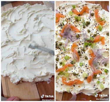 Close up of cream cheese being smeared on a wooden board on the left. On the left is a close up of the cream cheese board topped with lox, capers, green onion, and everything but the bagel seasoning.