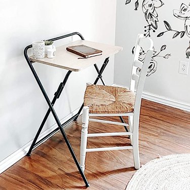 small folding desk with metal legs and birch top
