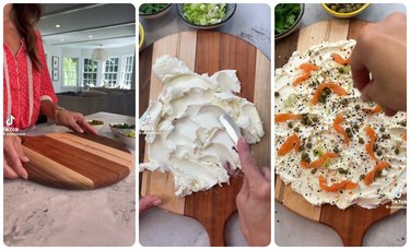 Three images: the first is of Ereka placing a wooden board on top of a kitchen counter, the next image is Ereka spreading cream cheese on the wooden board, the third image is Ereka sprinkling scallions on the cream cheese, that's now covered with seasoning, capers and lox