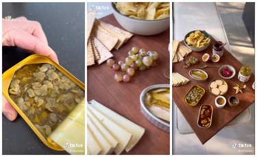 On the left is a hand opening a can of tinned fish. In the middle is a selection of cheese, crackers, chips, and canned fish. On the right is a board of tinned fish with crackers, olives, chips, cheese, and grapes.
