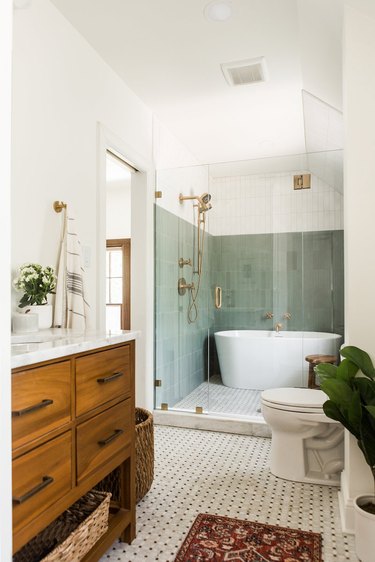 Eclectic bathroom with tub and walk-in shower