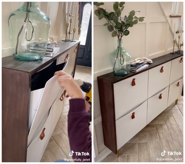 A two-pane image showing a person drilling into a Trones cabinet to add a brown drawer pull.