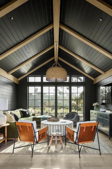room with vaulted ceiling and black walls