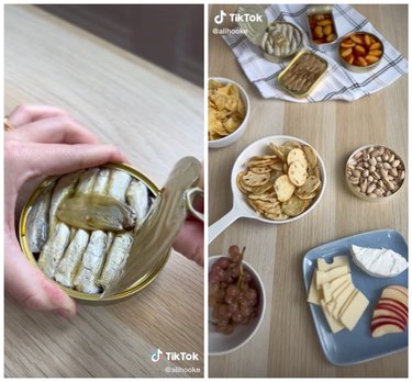 On the left is a hand opening a can of sardines. On the right is a tinned fish board with four cans of tinned fish, crackers, cheese, nuts, and grapes.