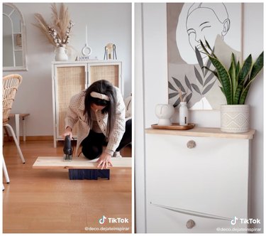 A two-pane image showing a person cutting a light wood plank and then the plank being added to the top of a white Trones shoe cabinet from IKEA.