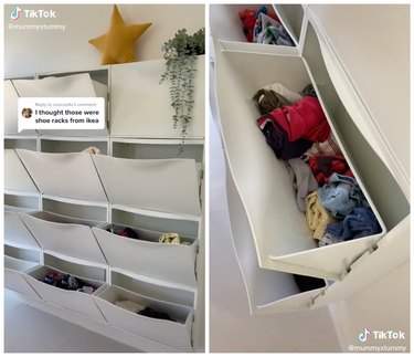 A two-pane image showing clothing being stored inside a white IKEA Trones shoe cabinet.