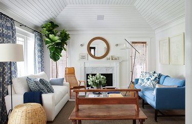 Indigo, white, and wood living room with a boho coastal vibe.