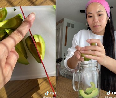 Split screen image of hands chopping an avocado on the left and a woman putting slices of avocado into a mason jar on the right