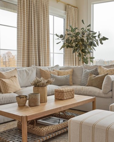 A modern country farmhouse living room with mustard and beige accents