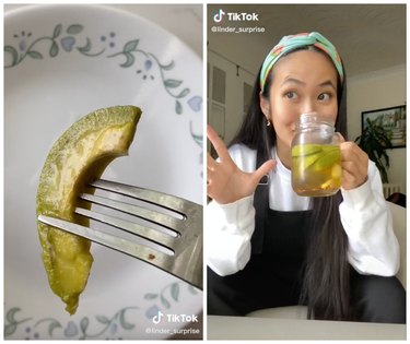 Split screen of a fork with a pickled avocado slice and a woman smelling a mason jar of pickled avocados
