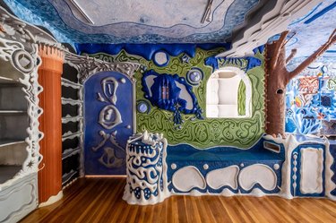 Unique room with organic-shaped built in decorative elements