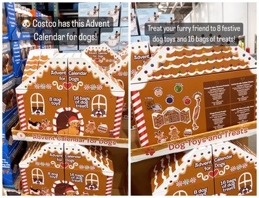 A shelf of dog advent calendars at Costco. They are shared like gingerbread houses. There's a a brown dog wearing a Santa hat in front of the door, and two black and white dogs peeking out of their own windows. The text on the box says "Advent calendar for dogs. 8 dog toys, 16 bags of dog treats"