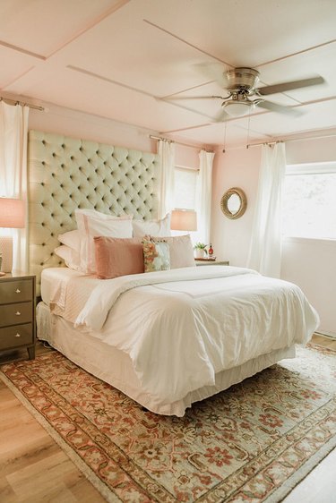 pink walls sage green headboard