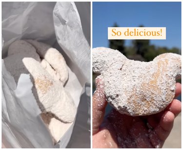 On the left is beignets inside of a white bag. On the right is a hand holding up a beignet shaped like Mickey Mouse in front of a blue sky.