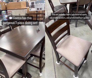 Split screen image of a 7-piece dining set on the left and a chair from the set on the right