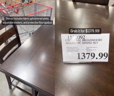 Split screen image of a table and chair on the left and a price tag sign on a table to the right