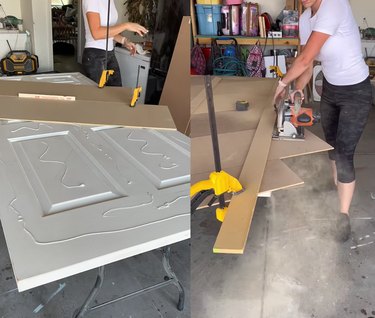 Split screen mage of someone gluing wood onto a closet door on the left and the same person trimming that wood to size on the right