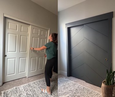 Split screen image of a woman inspecting their closet doors on the left and the same doors transformed on the right