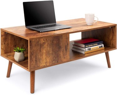 Rectangular midcentury coffee table with open shelfs on three sides