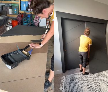 Split screen image of a woman painting a closet door on the left and a woman putting a closet door back in its track on the right